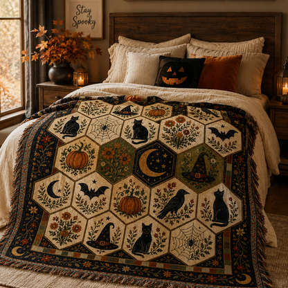 Halloween folk art woven blanket styled across a cozy autumn bedroom