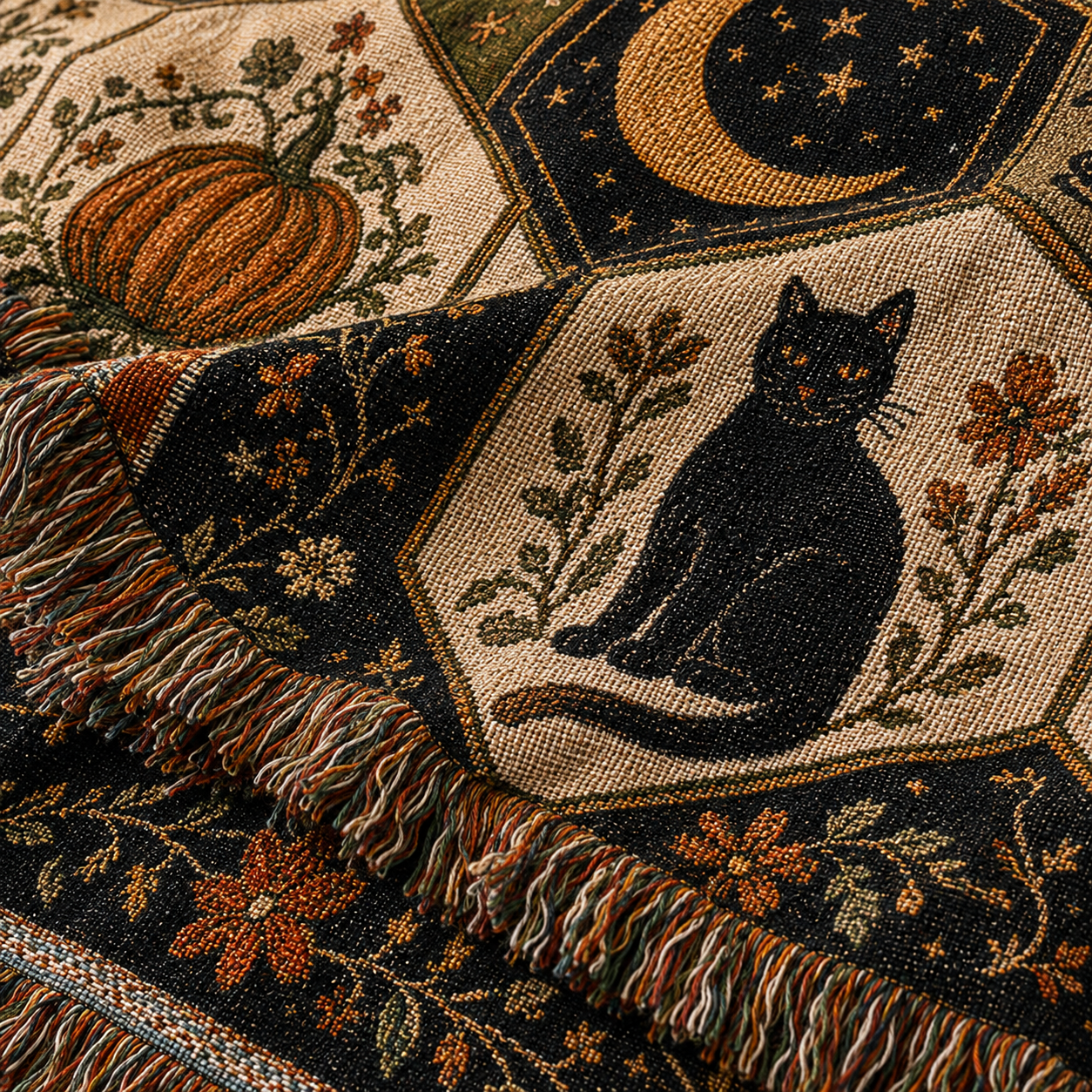 Macro detail of Halloween folk art woven blanket texture and fringe