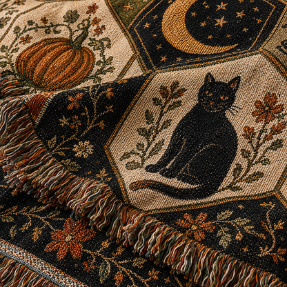 Macro detail of Halloween folk art woven blanket texture and fringe