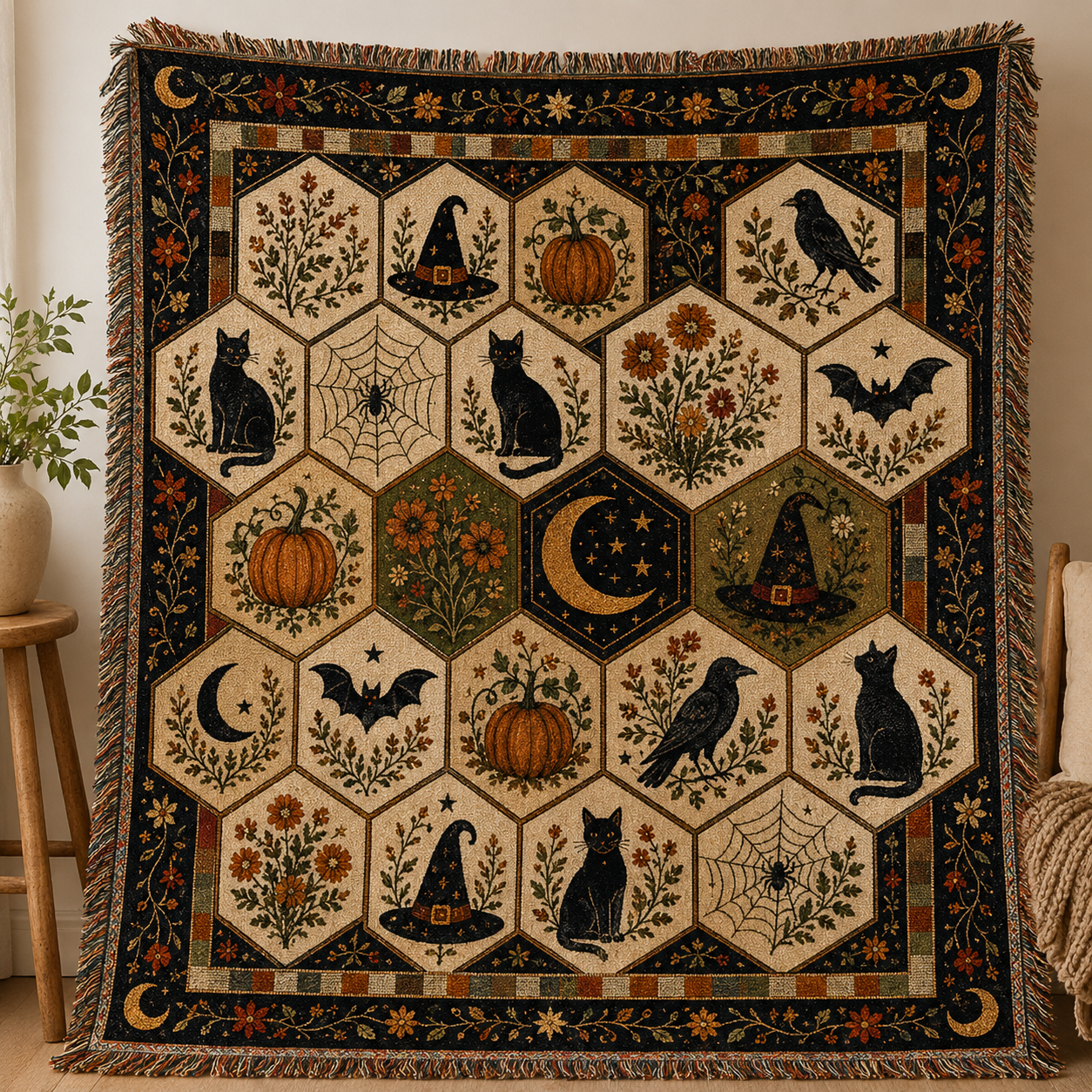Halloween folk art woven blanket with black cats pumpkins bats witch hats and fringe