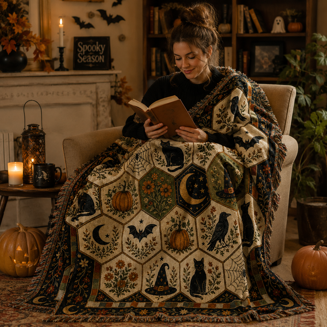 Halloween folk art woven blanket in a cozy reading nook