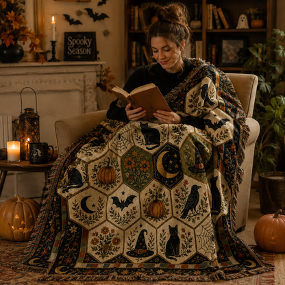 Halloween folk art woven blanket in a cozy reading nook