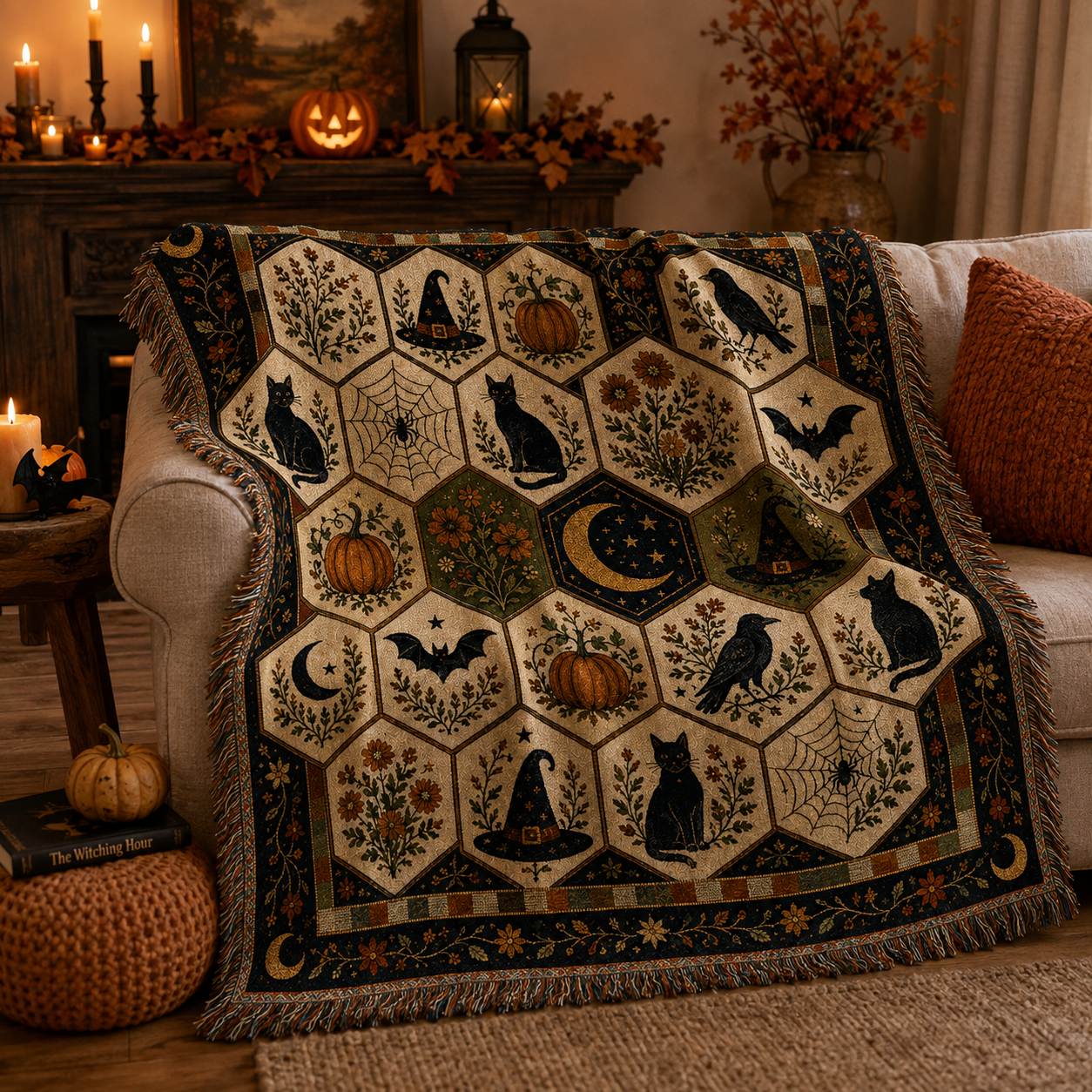 Halloween folk art woven blanket softly draped over a cozy sofa