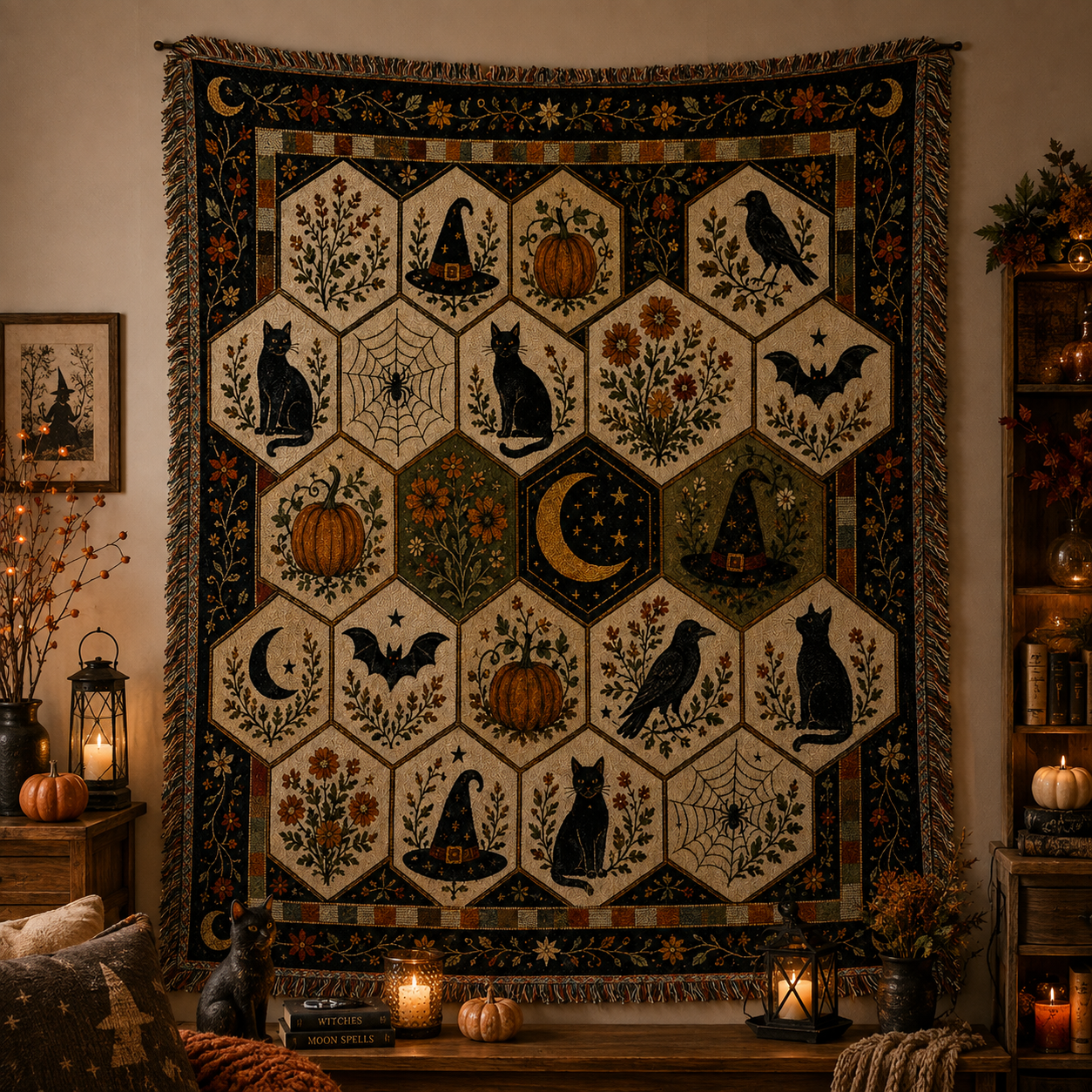 Halloween folk art woven blanket displayed as seasonal wall decor