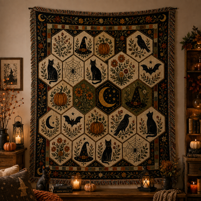 Halloween folk art woven blanket displayed as seasonal wall decor