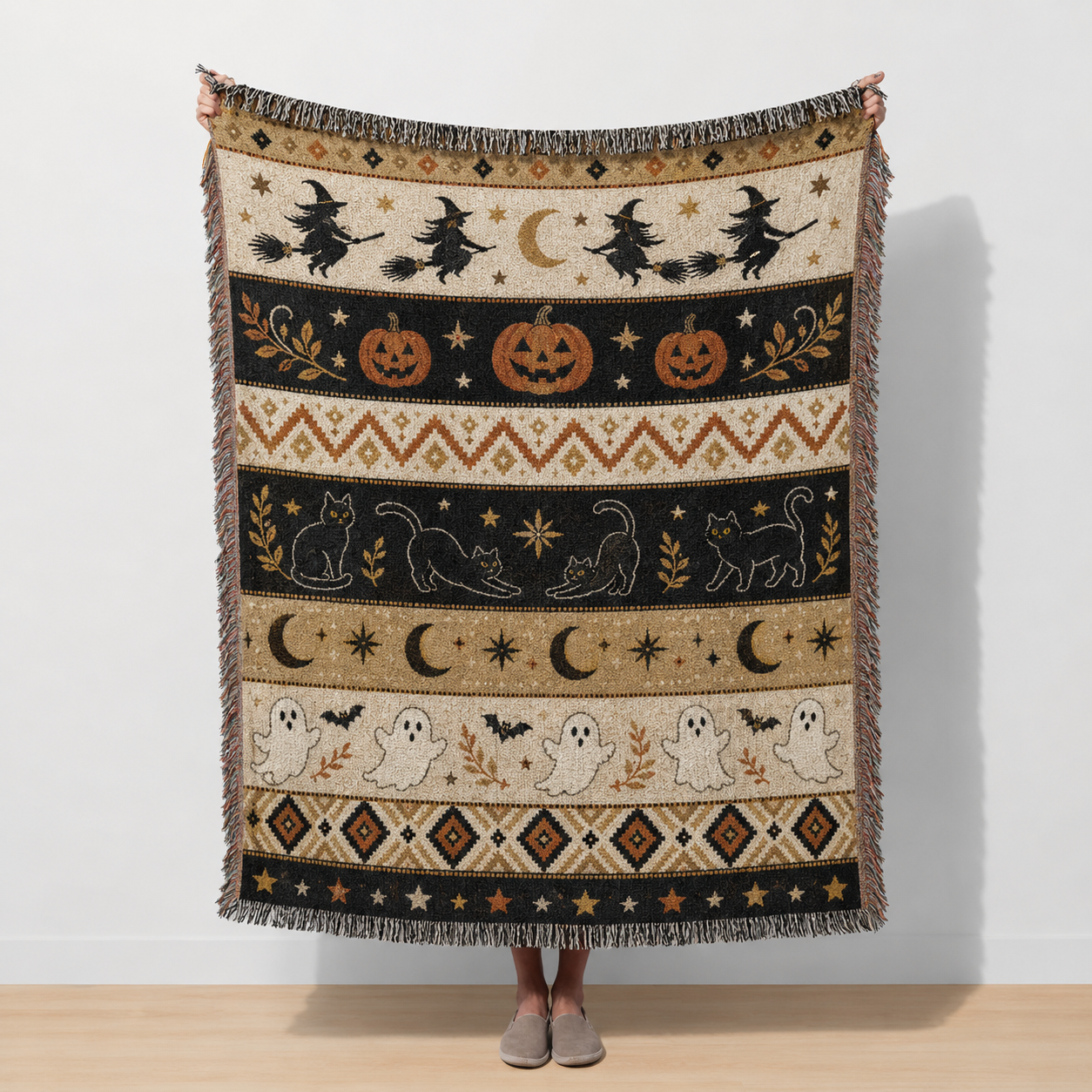 Halloween folk woven blanket with witches, pumpkins, black cats, moons and ghosts