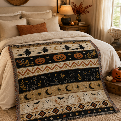 Halloween folk woven blanket across a neutral bed in an autumn bedroom
