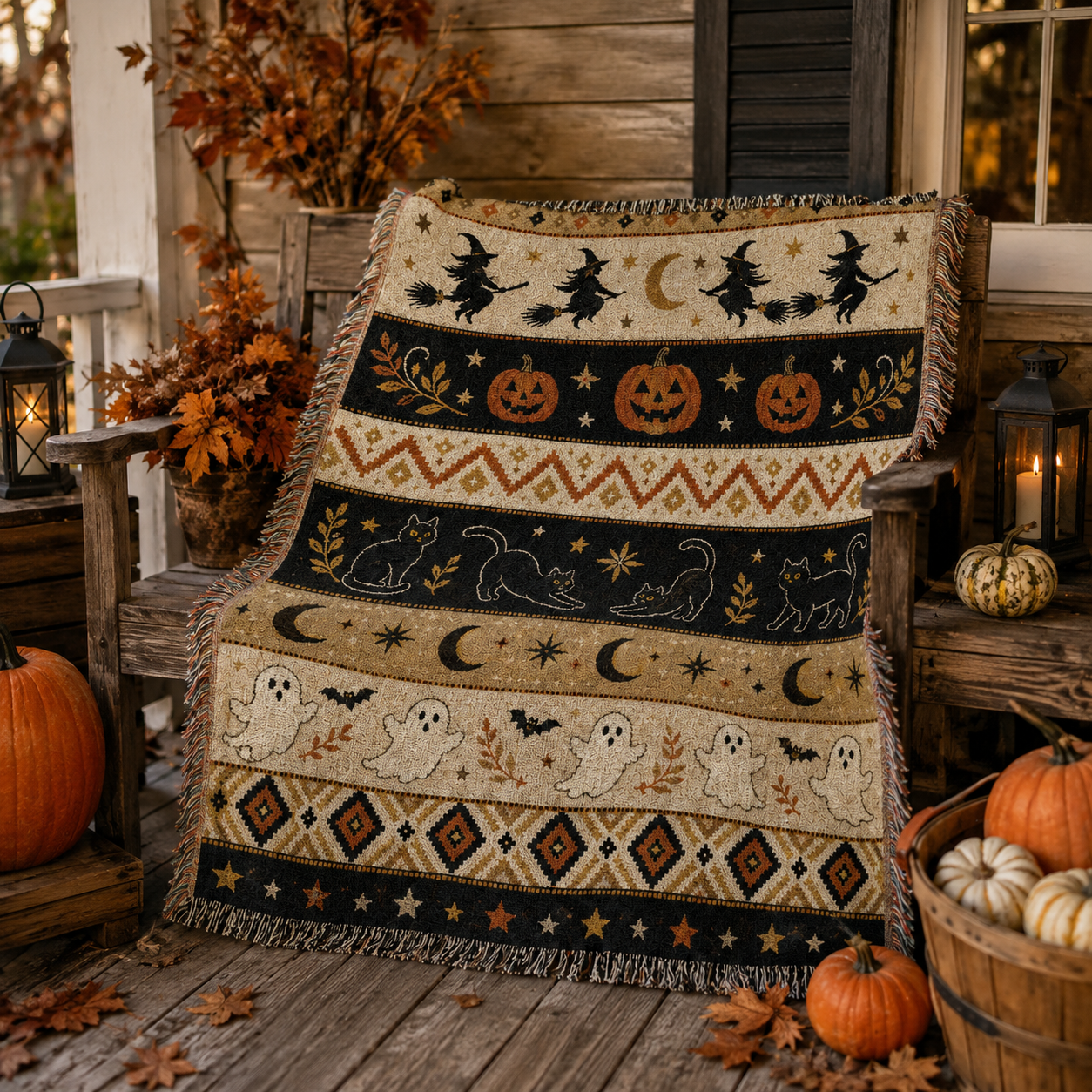 Halloween folk woven blanket styled on a rustic porch with pumpkins and lanterns