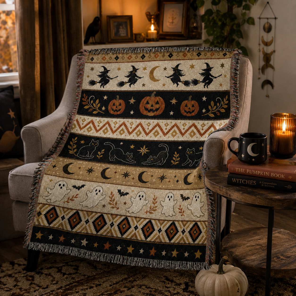 Halloween woven blanket draped over an armchair in a cozy reading nook