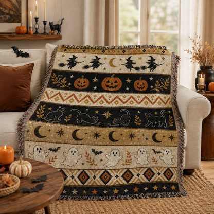 Halloween woven blanket styled on a cream sofa with pumpkins and candles