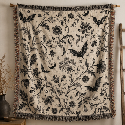 Halloween gothic botanical woven blanket with bats, floral vines, crescent moons and fringe