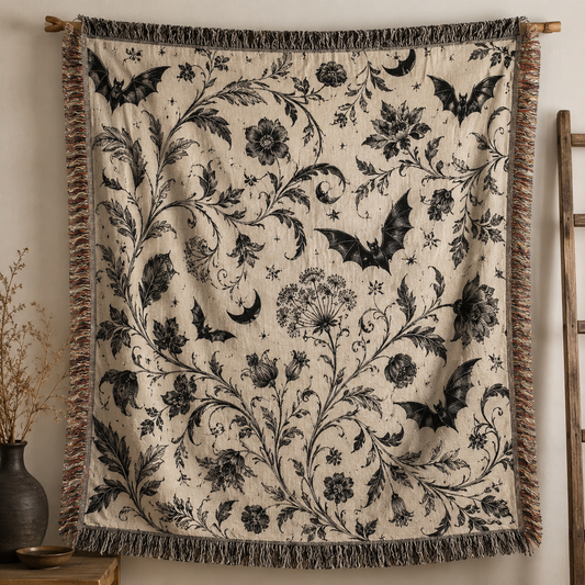 Halloween gothic botanical woven blanket with bats, floral vines, crescent moons and fringe