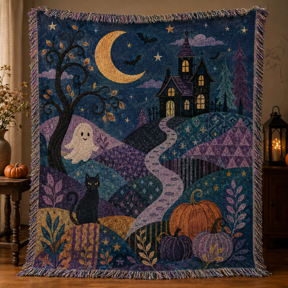 Halloween woven blanket with crescent moon, haunted house, ghost, black cat and pumpkins