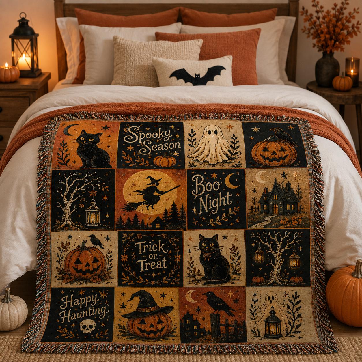 Vintage Halloween patchwork throw blanket displayed across a cozy autumn bedroom