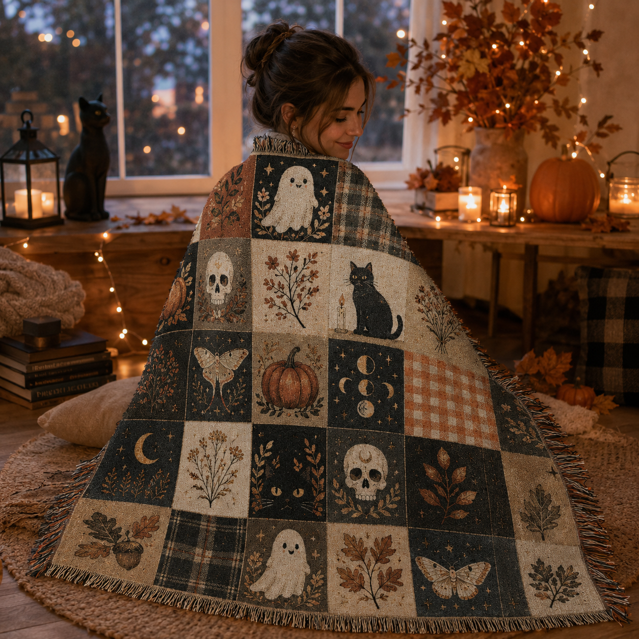 Woman wrapped in a Halloween patchwork woven blanket with ghost black cat pumpkin skull and moon motifs