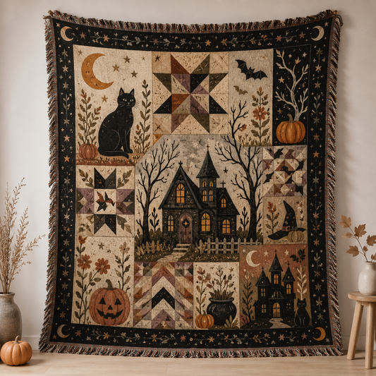 Halloween patchwork woven blanket with haunted house, black cat, pumpkins, moon and fringe