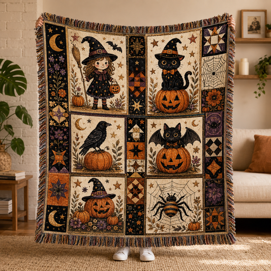 Vintage Halloween patchwork woven blanket with witch, black cat, raven, pumpkins and spiderweb