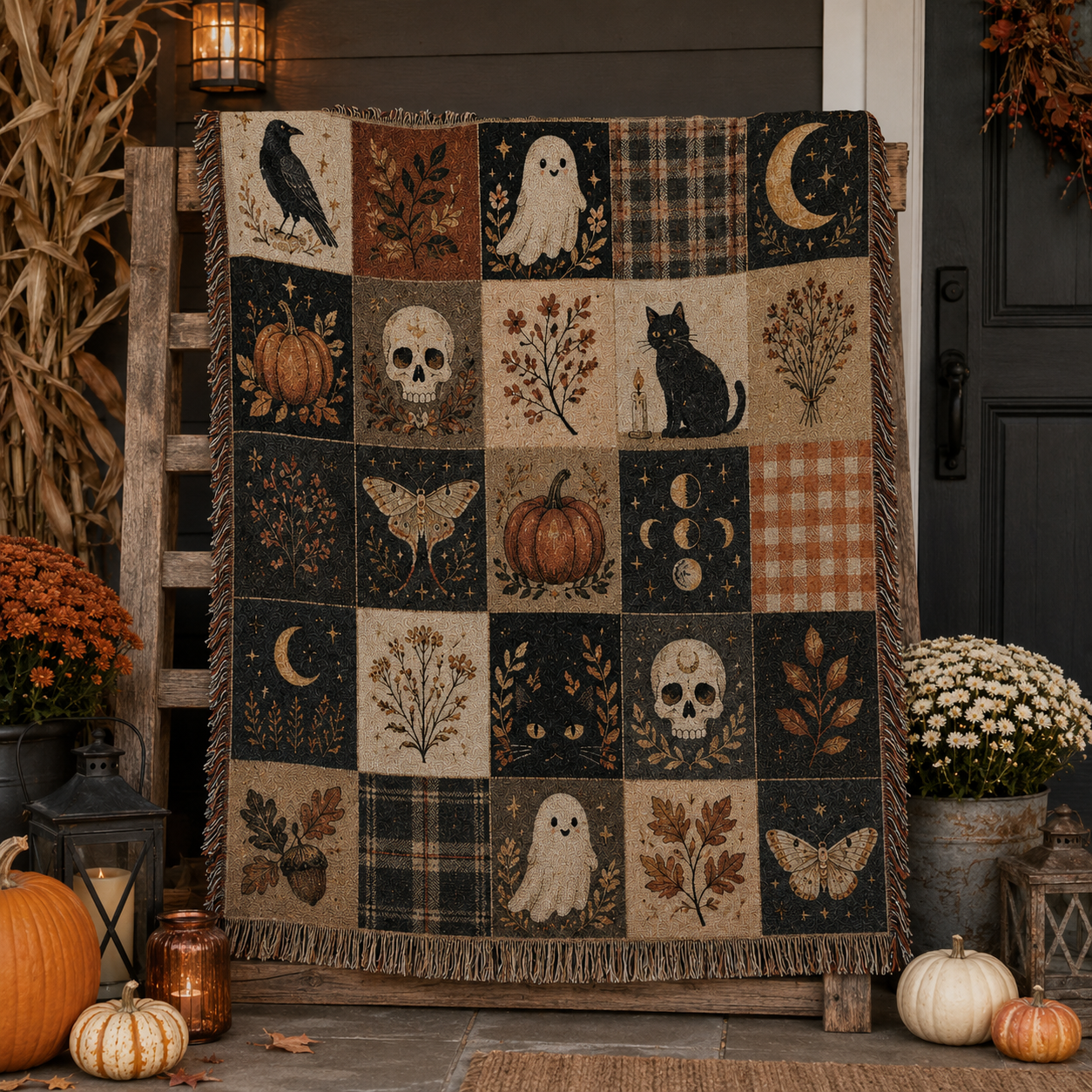 Halloween patchwork woven blanket displayed on a rustic porch with pumpkins lanterns and autumn flowers