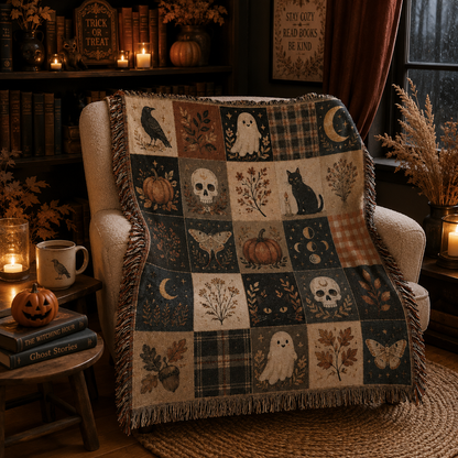 Halloween patchwork woven blanket draped over an armchair in a candlelit autumn reading nook