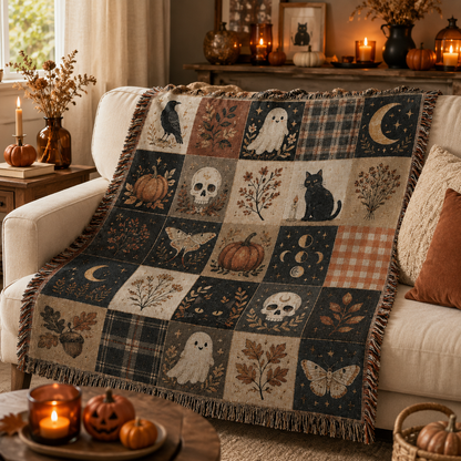 Halloween patchwork woven blanket styled on a cream sofa with pumpkins candles and autumn decor