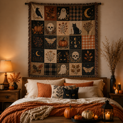 Halloween patchwork woven blanket displayed as wall tapestry above a cozy autumn bedroom