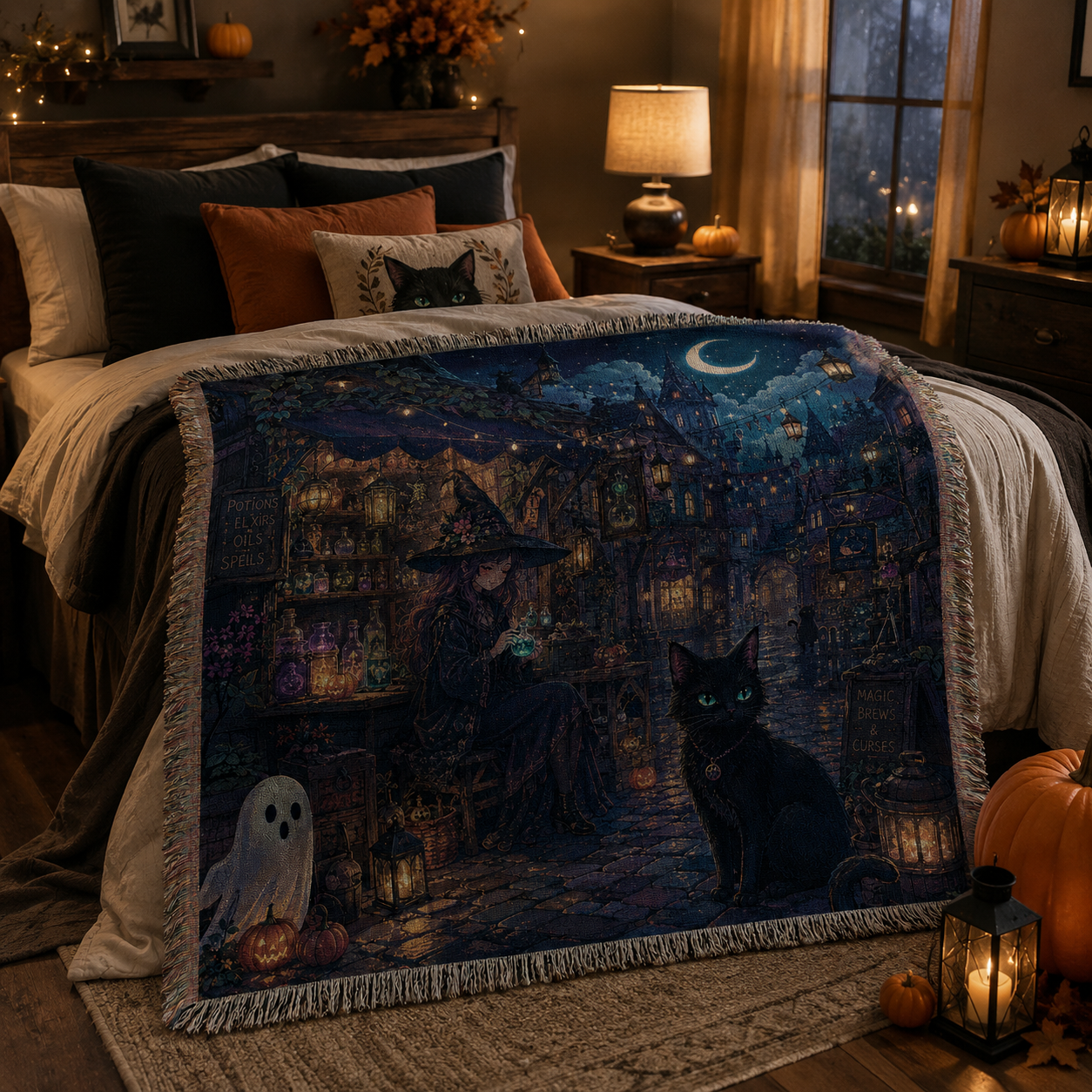 Halloween witch and black cat woven blanket styled across a cozy autumn bedroom with soft folds and fringe