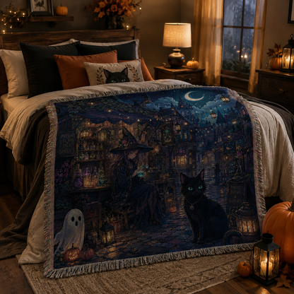 Halloween witch and black cat woven blanket styled across a cozy autumn bedroom with soft folds and fringe