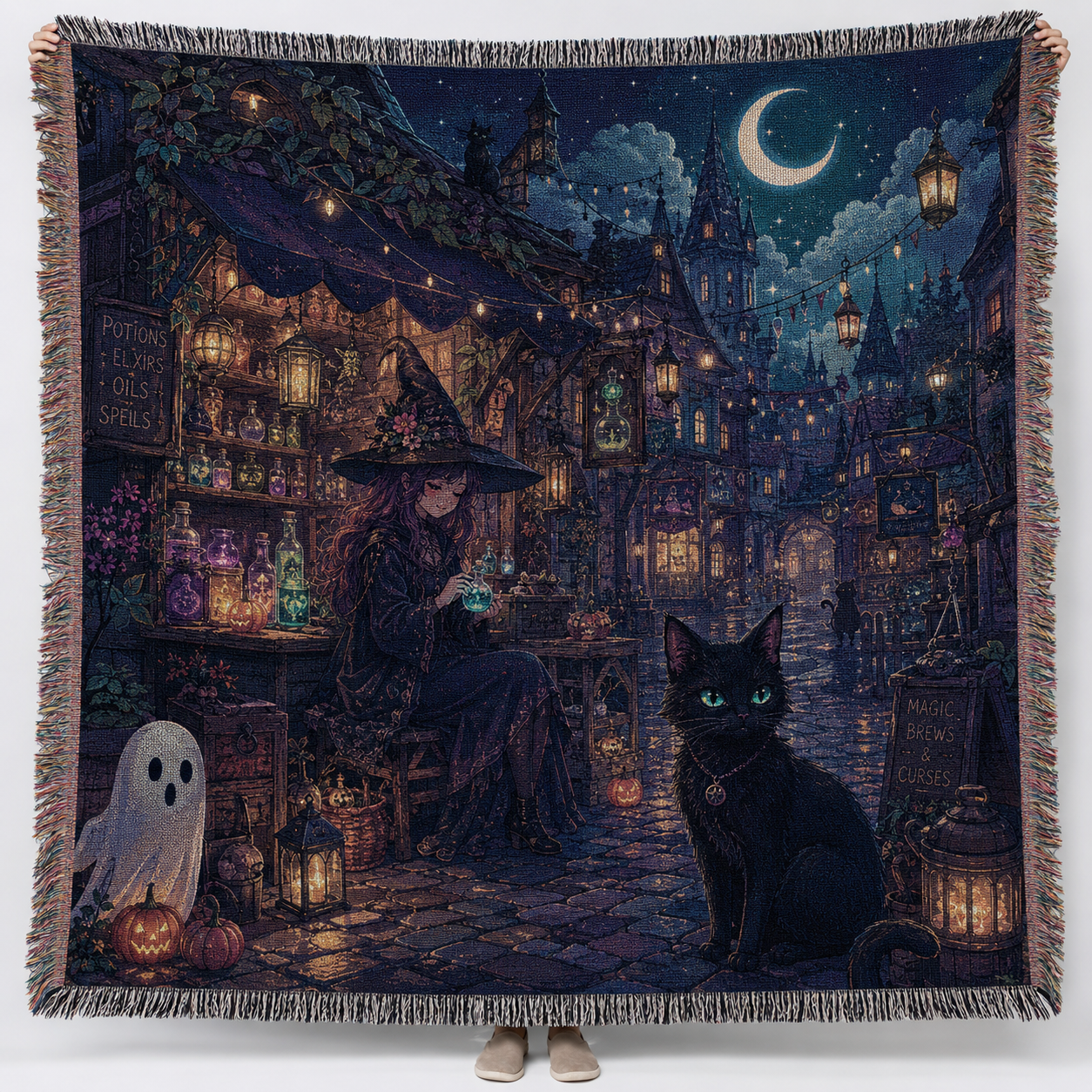 Halloween witch and black cat woven blanket with crescent moon, ghost, potion shop and multicolor fringe