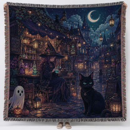Halloween witch and black cat woven blanket with crescent moon, ghost, potion shop and multicolor fringe