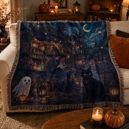 Halloween witch and black cat woven blanket softly draped over a cozy sofa with pumpkins and candles
