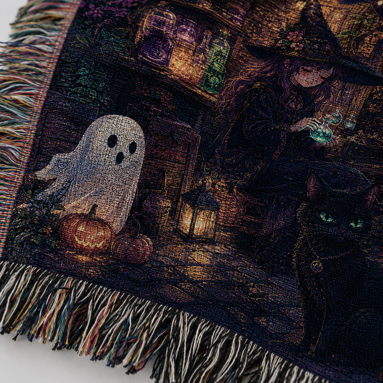 Macro close-up of Halloween witch and black cat woven blanket showing yarn texture, ghost, pumpkins and multicolor fringe