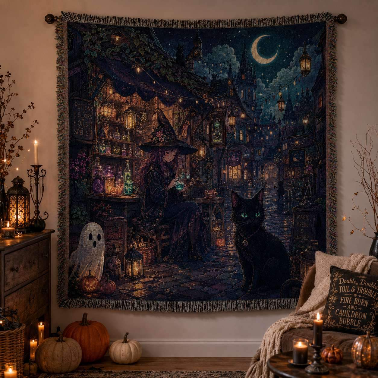 Halloween witch and black cat woven blanket displayed as moonlit magical wall decor with pumpkins and candles