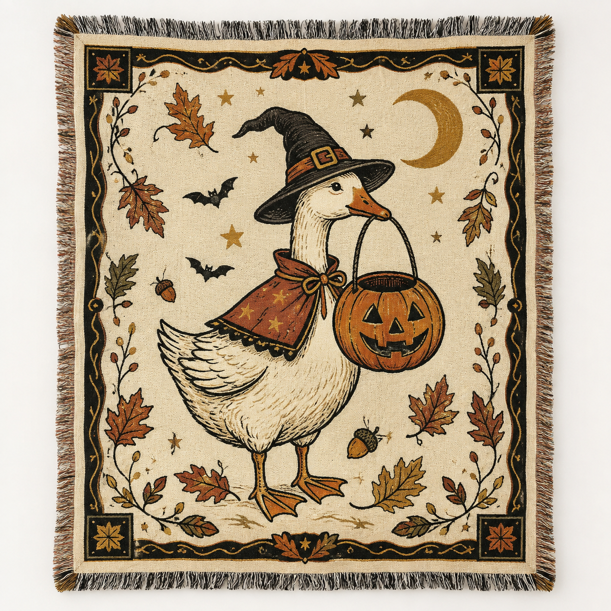 Halloween witch goose woven blanket with pumpkin bucket, crescent moon, bats and autumn leaves