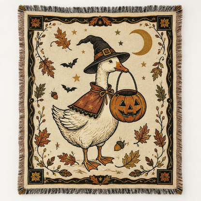 Halloween witch goose woven blanket with pumpkin bucket, crescent moon, bats and autumn leaves