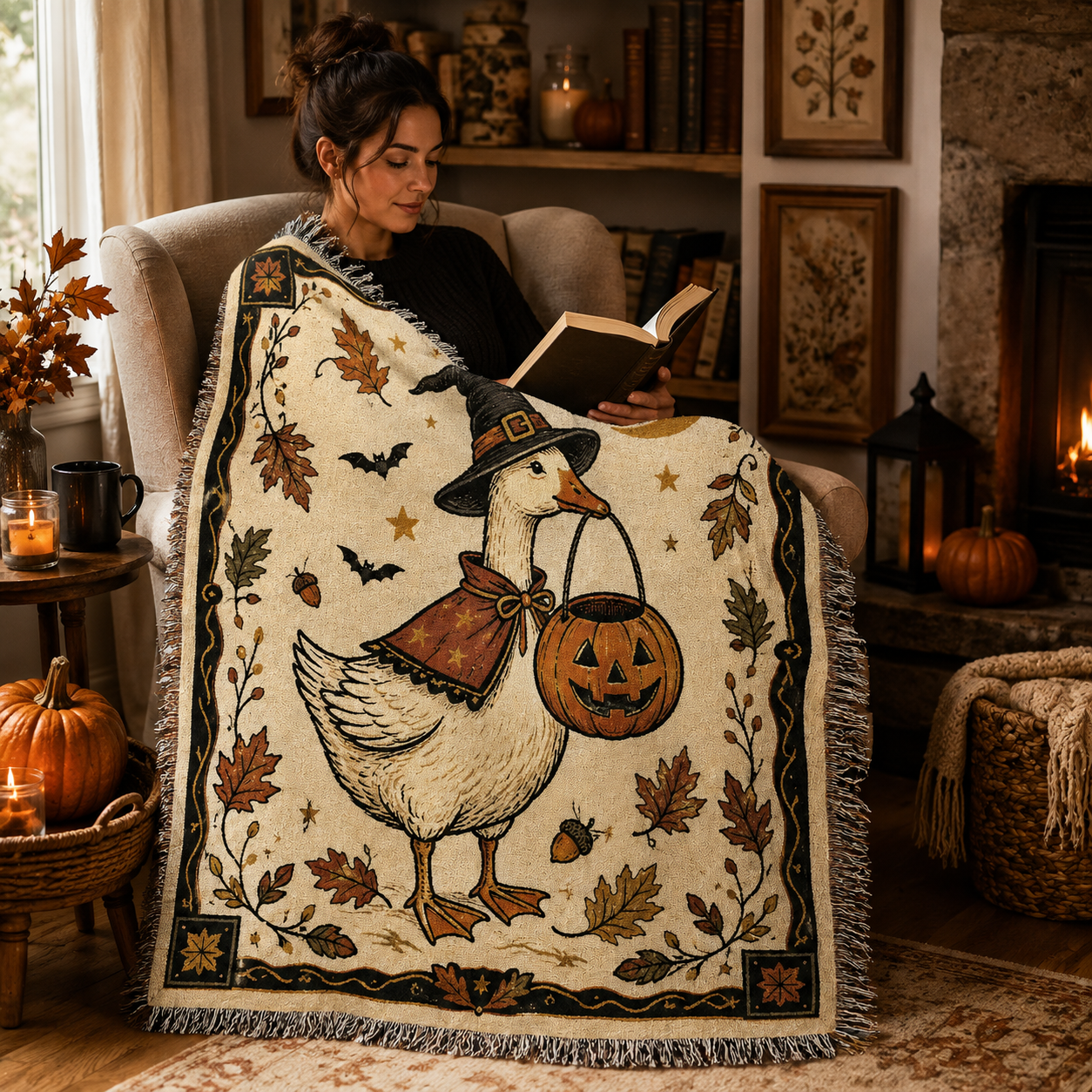 Reader wrapped in a soft Halloween witch goose woven blanket in a cozy reading nook