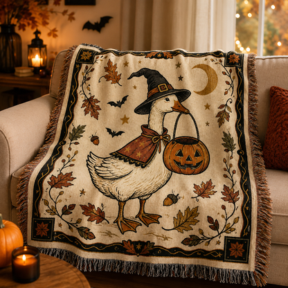Witch goose Halloween woven blanket softly draped on a cozy sofa