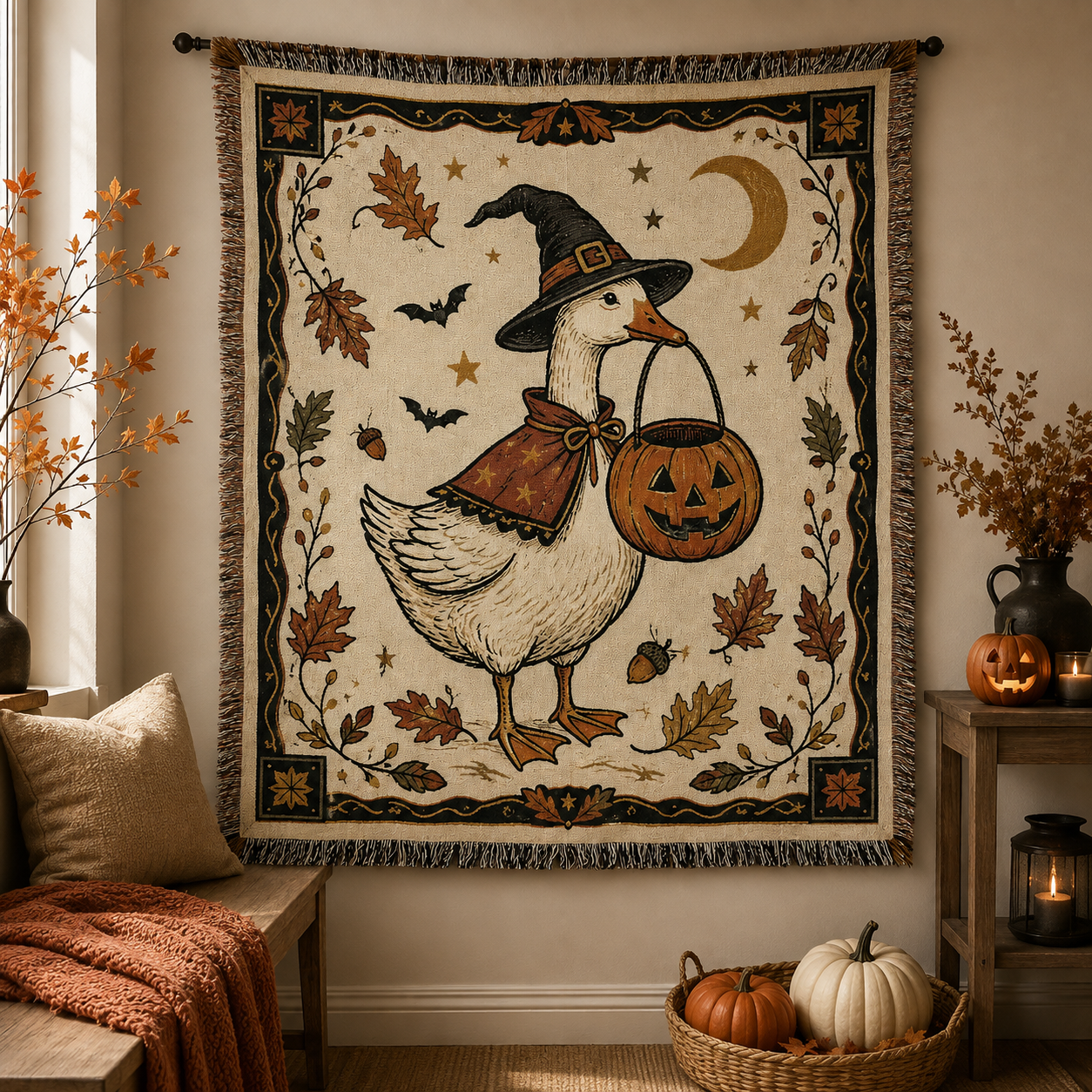 Halloween witch goose woven blanket displayed as seasonal wall decor