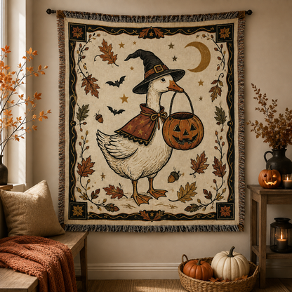 Halloween witch goose woven blanket displayed as seasonal wall decor