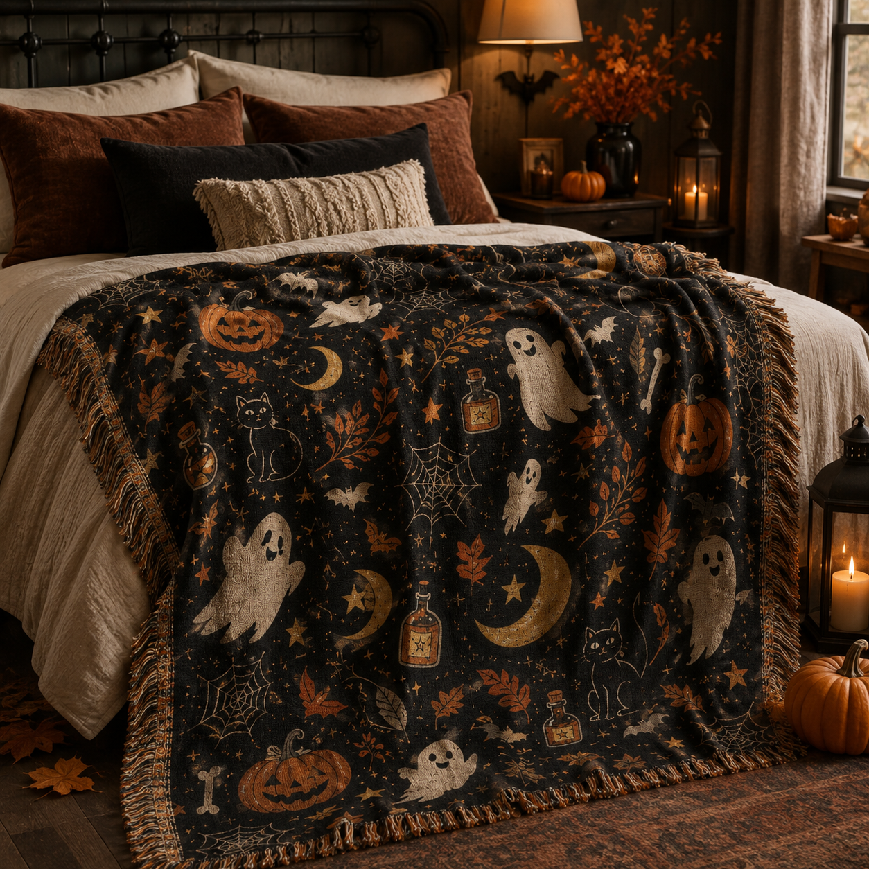 Halloween woven blanket softly draped across a cozy bed with autumn and candle decor