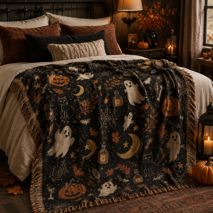 Halloween woven blanket softly draped across a cozy bed with autumn and candle decor