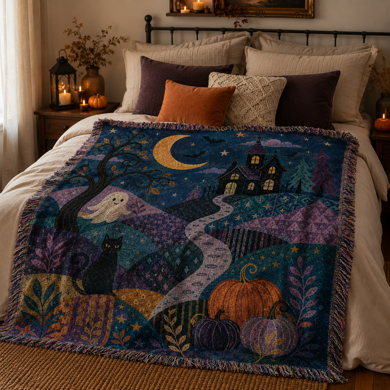 Halloween woven throw blanket styled across a cozy bedroom bed with autumn decor