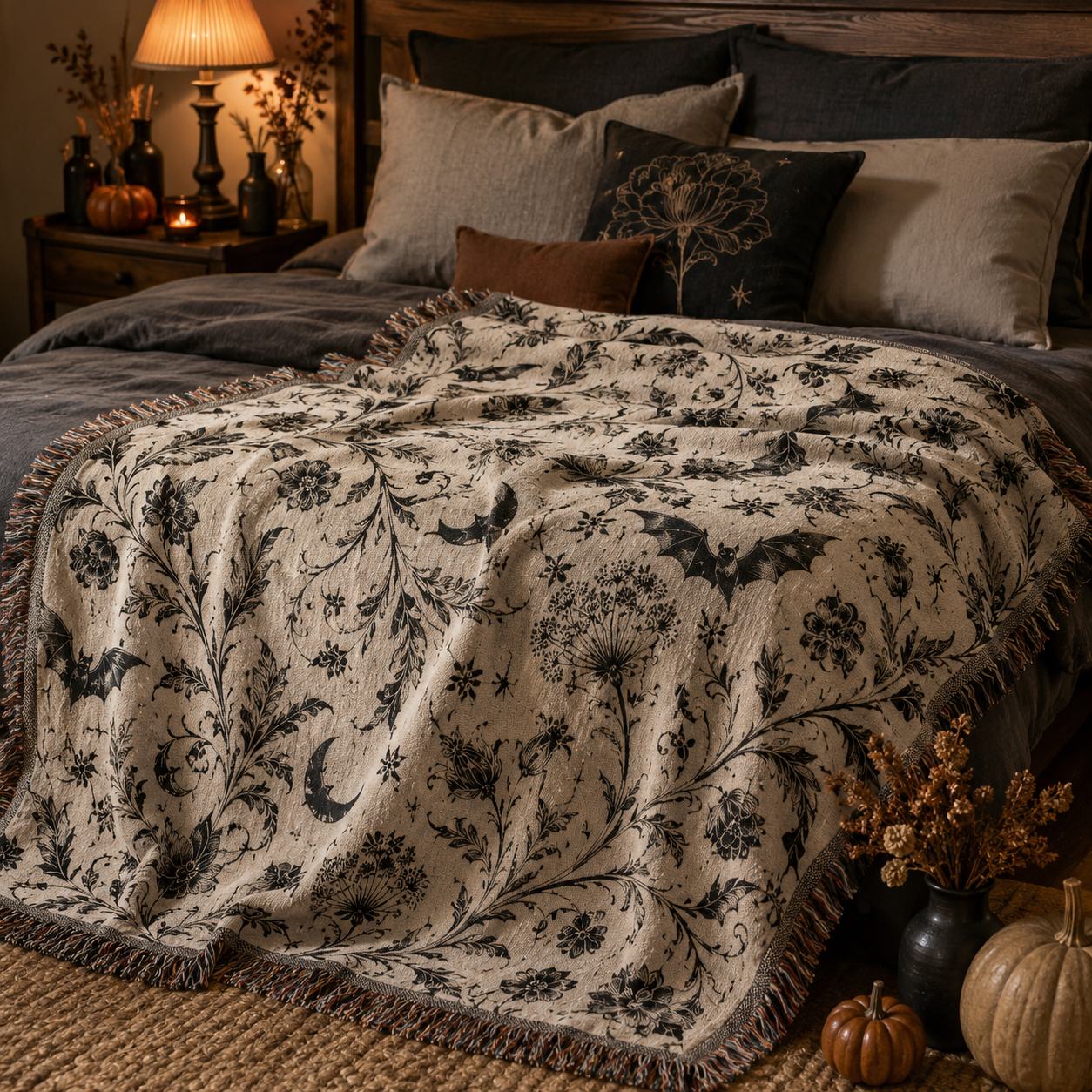 Gothic floral bat woven blanket styled across a cozy Halloween bedroom