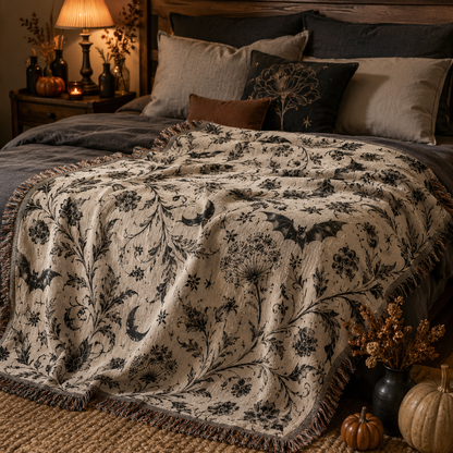 Gothic floral bat woven blanket styled across a cozy Halloween bedroom