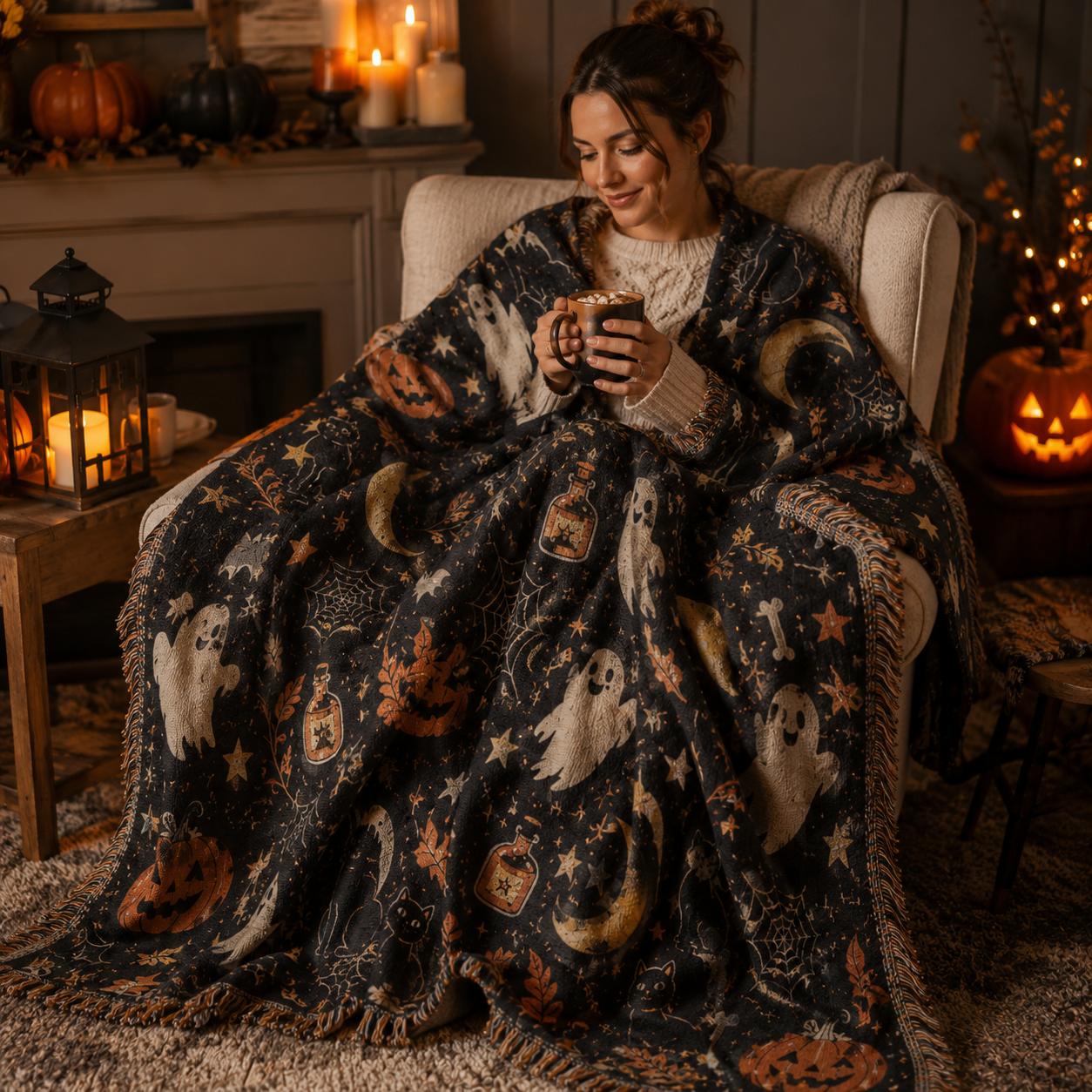 Cozy Halloween woven blanket wrapped around a person holding hot cocoa in a warm fall room