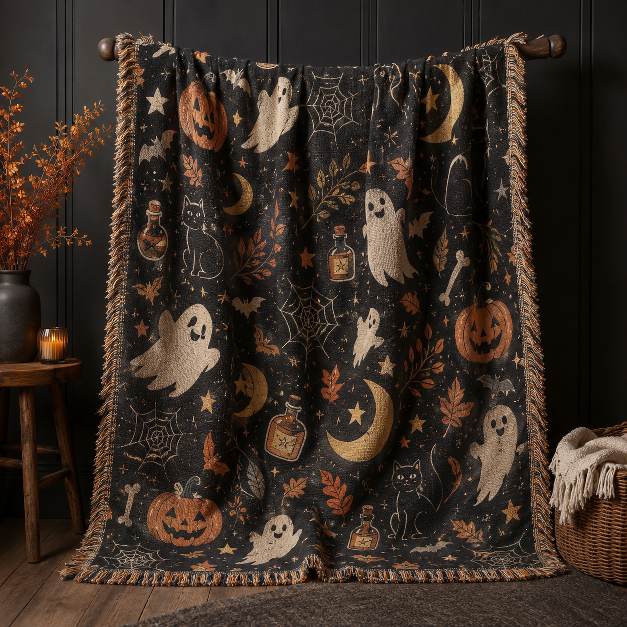 Halloween woven blanket with ghosts, pumpkins, black cats, moons and fringed edges