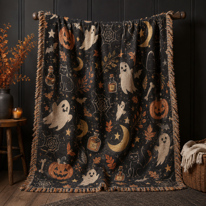 Halloween woven blanket with ghosts, pumpkins, black cats, moons and fringed edges