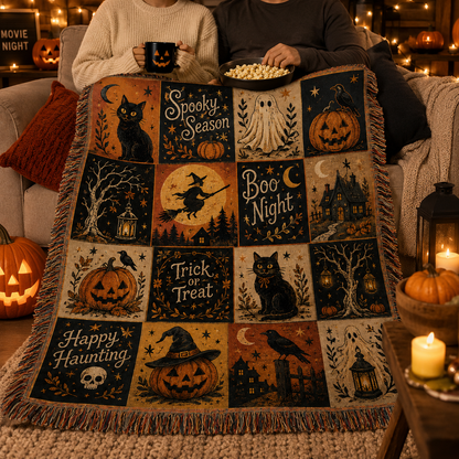Halloween patchwork woven blanket used during a cozy movie night with popcorn and pumpkins