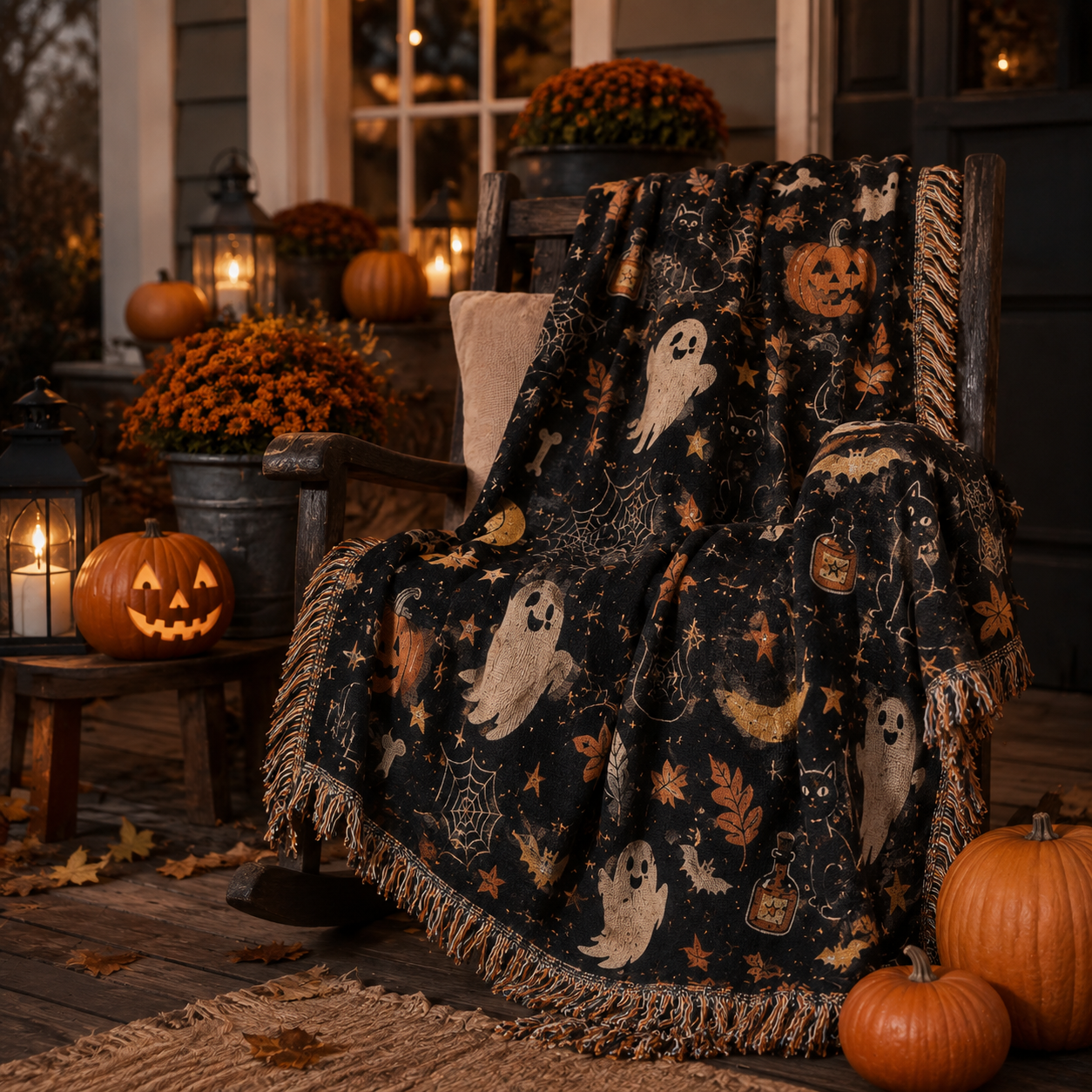 Halloween woven blanket draped on a rocking chair with pumpkins, lanterns and fall porch decor