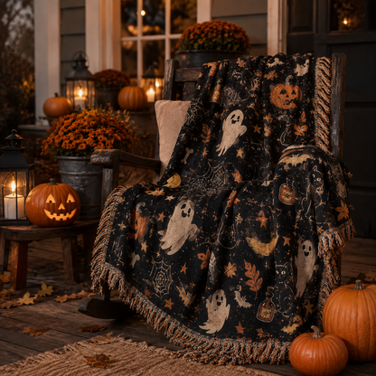 Halloween woven blanket draped on a rocking chair with pumpkins, lanterns and fall porch decor