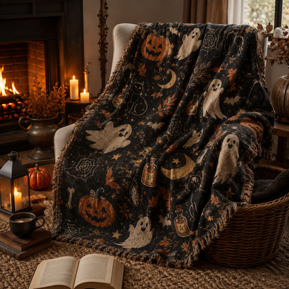 Soft Halloween woven blanket in a cozy reading nook by the fireplace with pumpkins and candles